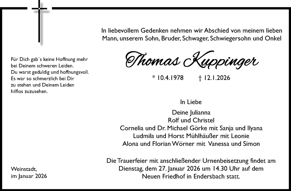  Traueranzeige für Thomas Kuppinger vom 19.01.2026 aus Waiblinger Kreiszeitung