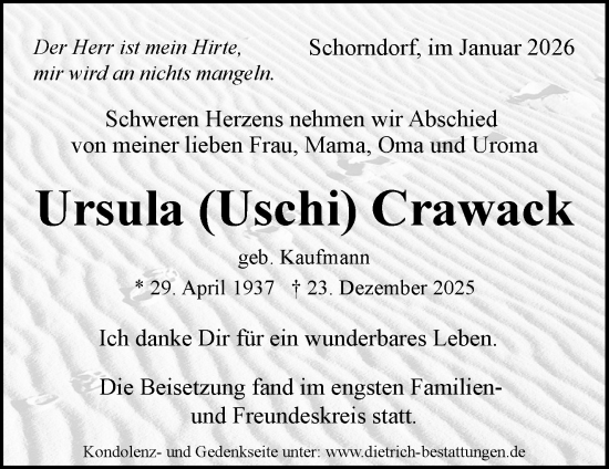 Traueranzeige von Ursula Crawack von Waiblinger Kreiszeitung