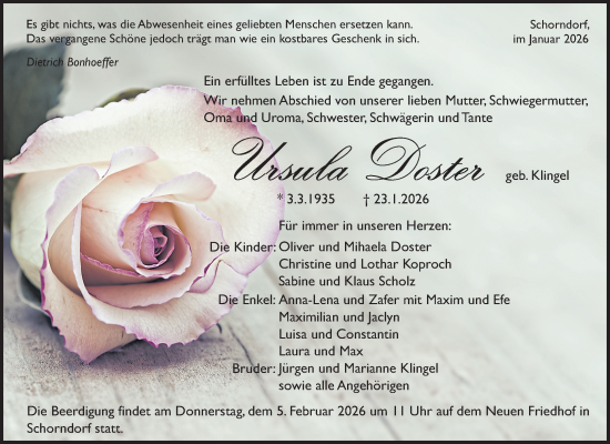 Traueranzeige von Ursula Doster von Waiblinger Kreiszeitung