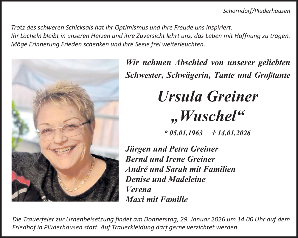  Traueranzeige für Ursula Greiner vom 24.01.2026 aus Waiblinger Kreiszeitung