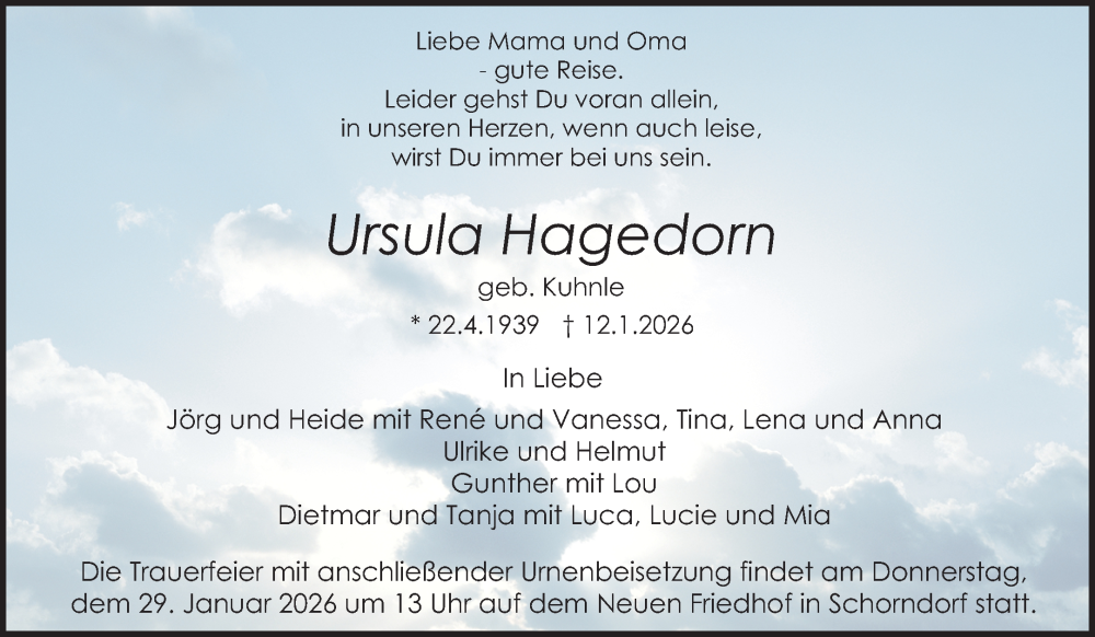  Traueranzeige für Ursula Hagedorn vom 24.01.2026 aus Waiblinger Kreiszeitung
