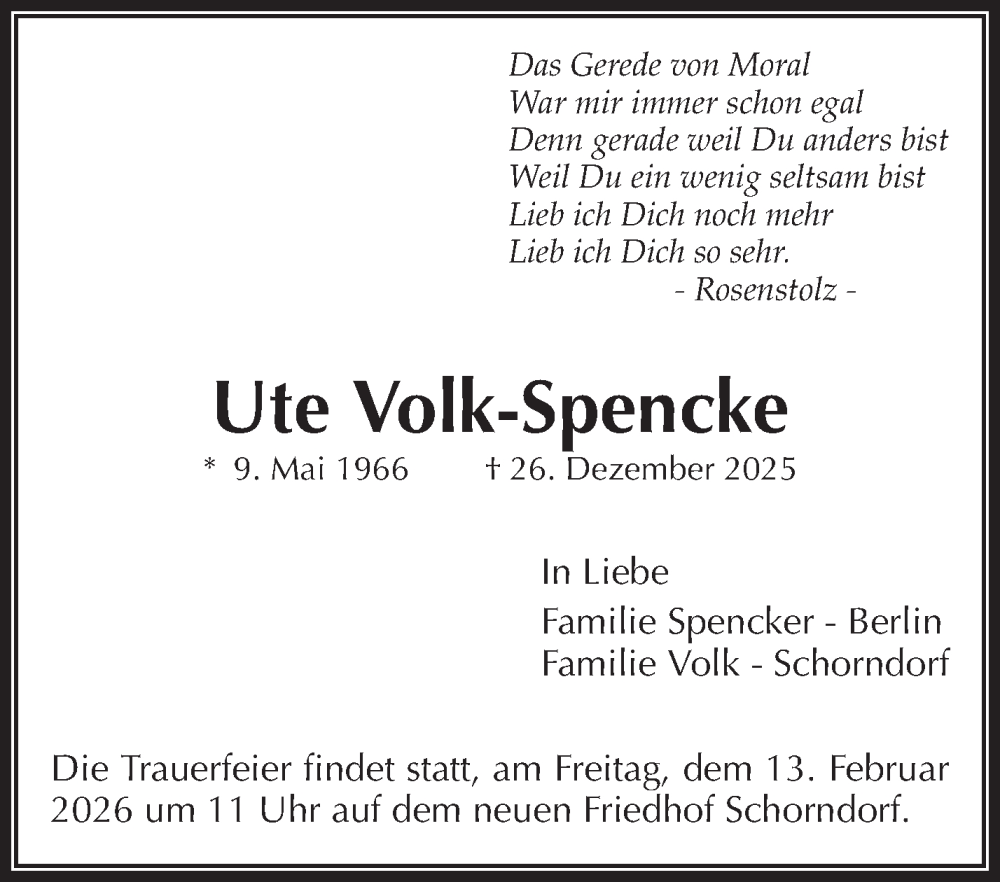  Traueranzeige für Ute Volk-Spencke vom 22.01.2026 aus Waiblinger Kreiszeitung