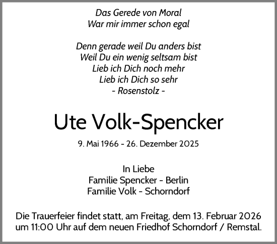Traueranzeige von Ute Volk-Spencker von Waiblinger Kreiszeitung