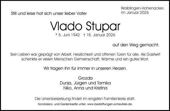 Traueranzeige von Vlado Stupar von Waiblinger Kreiszeitung