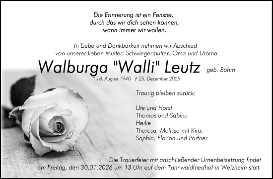 Traueranzeige von Walburga Leutz von Waiblinger Kreiszeitung