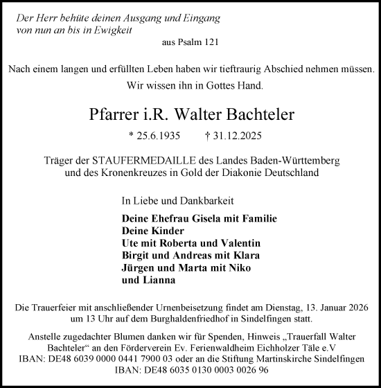 Traueranzeige von Walter Bachteler von Waiblinger Kreiszeitung