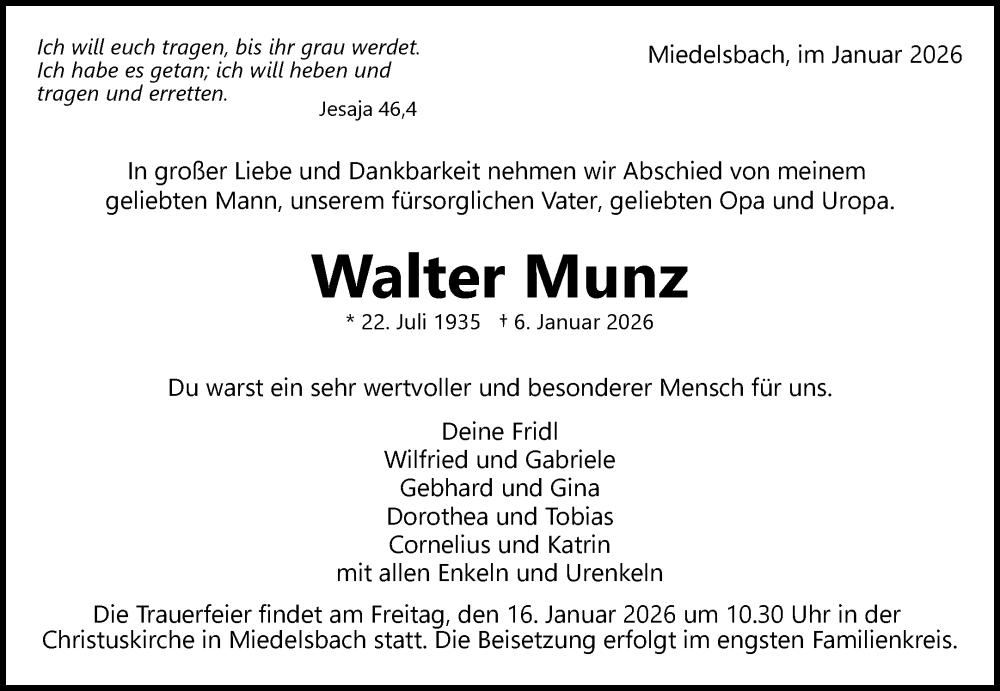  Traueranzeige für Walter Munz vom 09.01.2026 aus Waiblinger Kreiszeitung