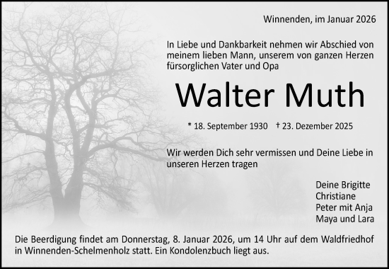 Traueranzeige von Walter Muth von Waiblinger Kreiszeitung
