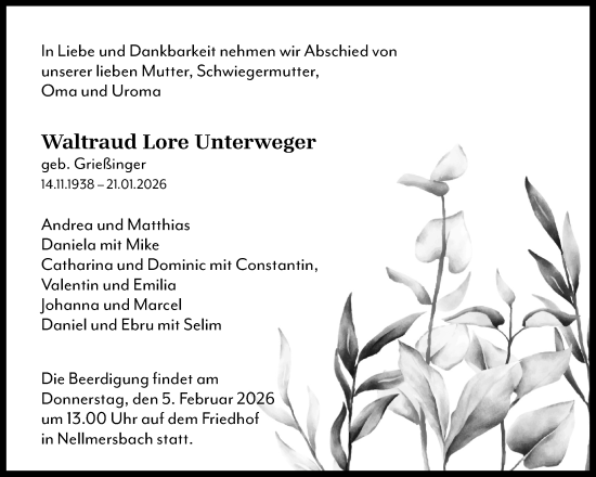 Traueranzeige von Waltraud Lore Unterweger von Waiblinger Kreiszeitung