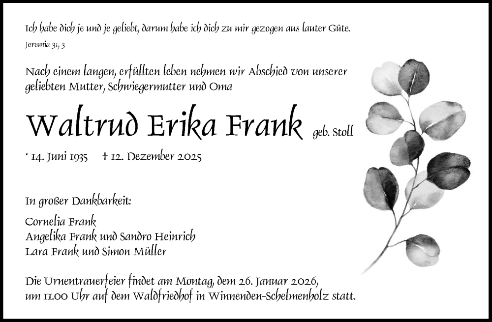 Traueranzeige für Waltrud Erika Frank vom 21.01.2026 aus Waiblinger Kreiszeitung