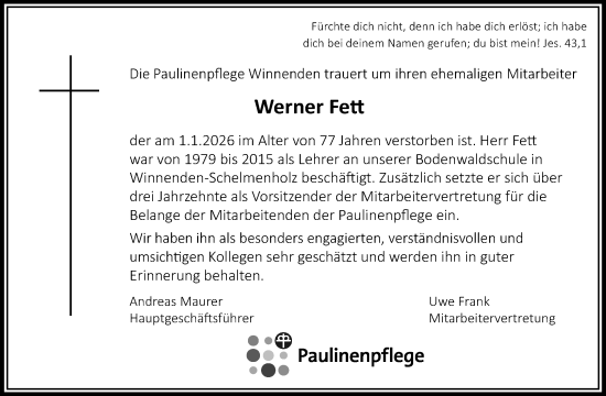 Traueranzeige von Werner Fett von Waiblinger Kreiszeitung