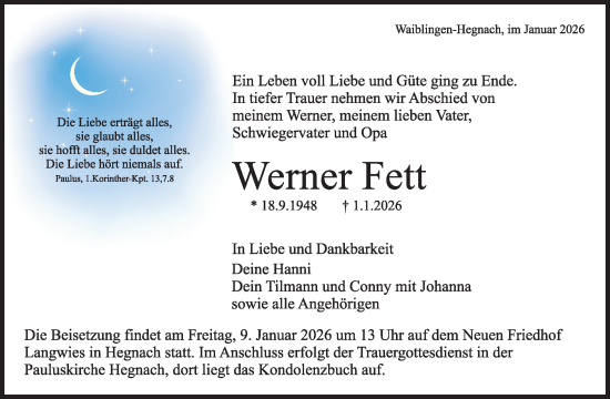 Traueranzeige von Werner Fett von Waiblinger Kreiszeitung