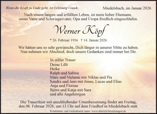 Traueranzeige von Werner Köpf von Waiblinger Kreiszeitung