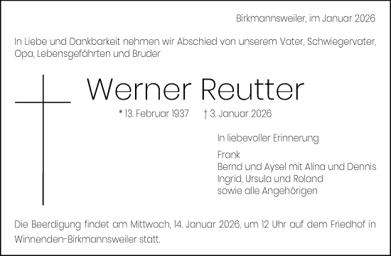 Traueranzeige von Werner Reutter von Waiblinger Kreiszeitung
