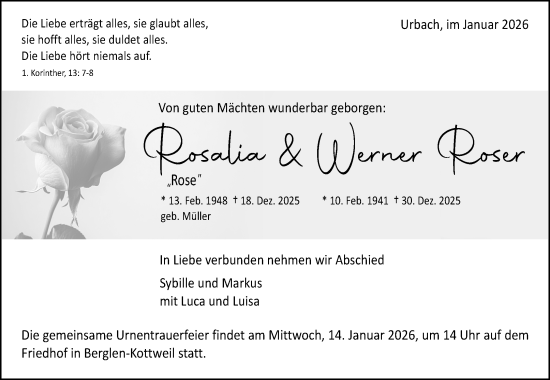 Traueranzeige von Werner Roser von Waiblinger Kreiszeitung