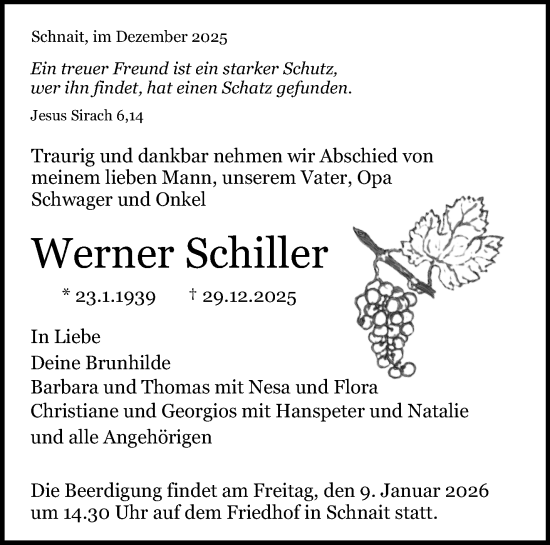 Traueranzeige von Werner Schiller von Waiblinger Kreiszeitung