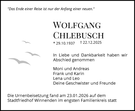 Traueranzeige von Wolfgang Chlebusch von Waiblinger Kreiszeitung