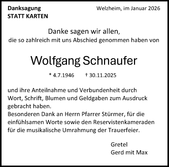 Traueranzeige von Wolfgang Schnaufer von Waiblinger Kreiszeitung