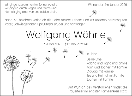 Traueranzeige von Wolfgang Wöhrle von Waiblinger Kreiszeitung