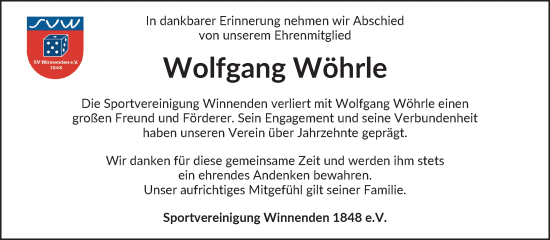 Traueranzeige von Wolfgang Wöhrle von Waiblinger Kreiszeitung
