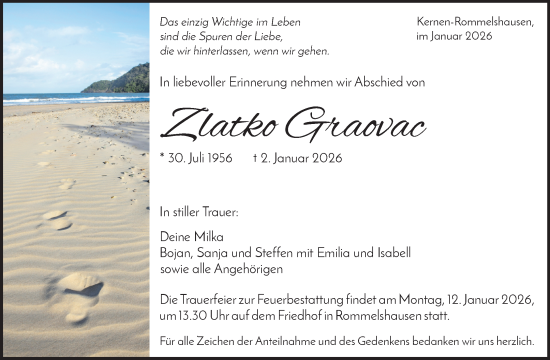 Traueranzeige von Zlatko Graovac von Waiblinger Kreiszeitung