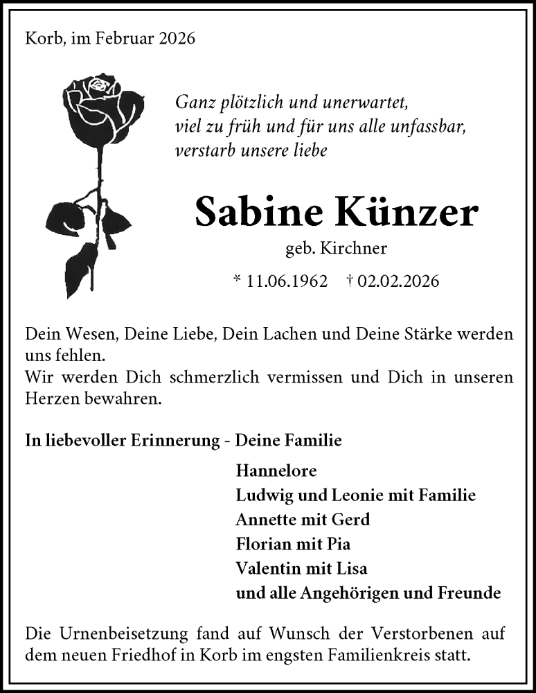  Traueranzeige für Sabine Künzer vom 20.02.2026 aus 