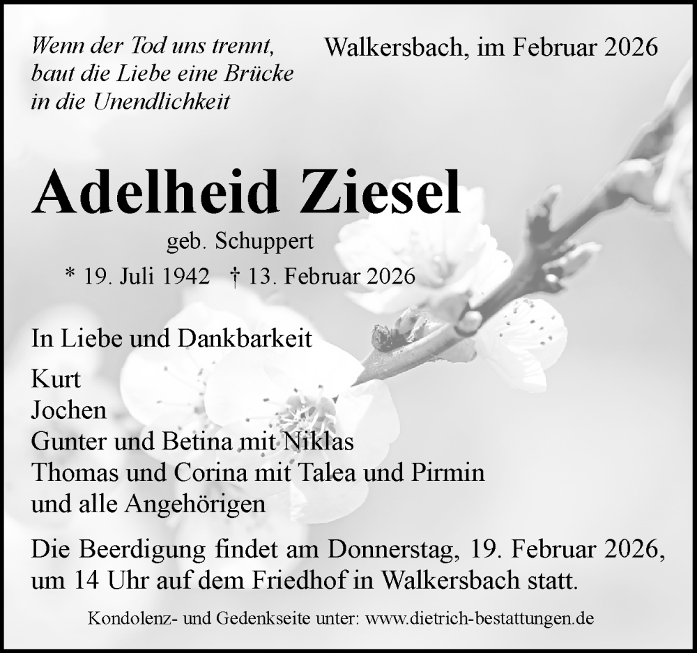 Traueranzeige für Adelheid Ziesel vom 17.02.2026 aus Waiblinger Kreiszeitung