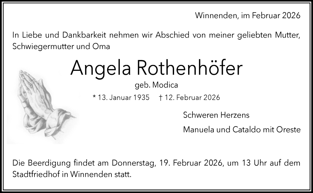  Traueranzeige für Angela Rothenhöfer vom 14.02.2026 aus Waiblinger Kreiszeitung