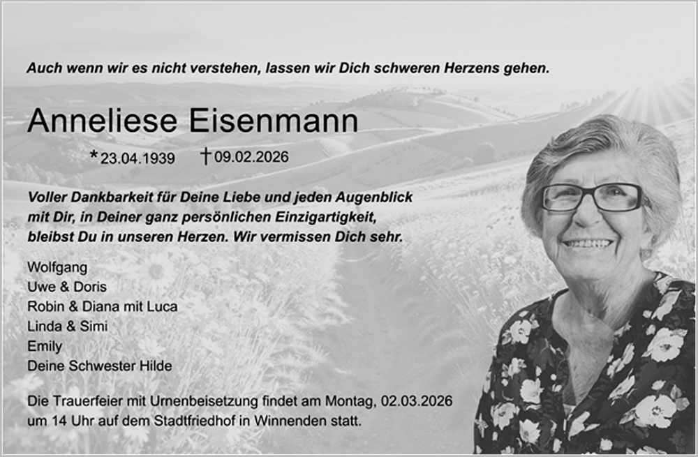  Traueranzeige für Anneliese Eisenmann vom 21.02.2026 aus Waiblinger Kreiszeitung
