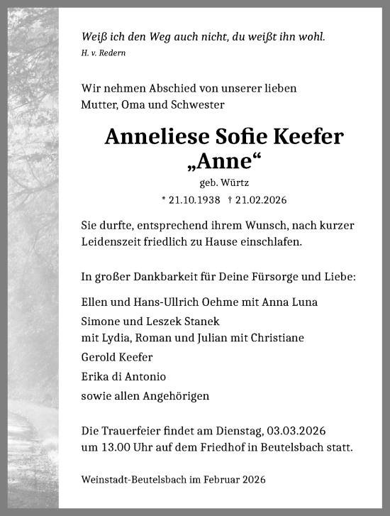 Traueranzeige von Anneliese Sofie Keefer von Waiblinger Kreiszeitung