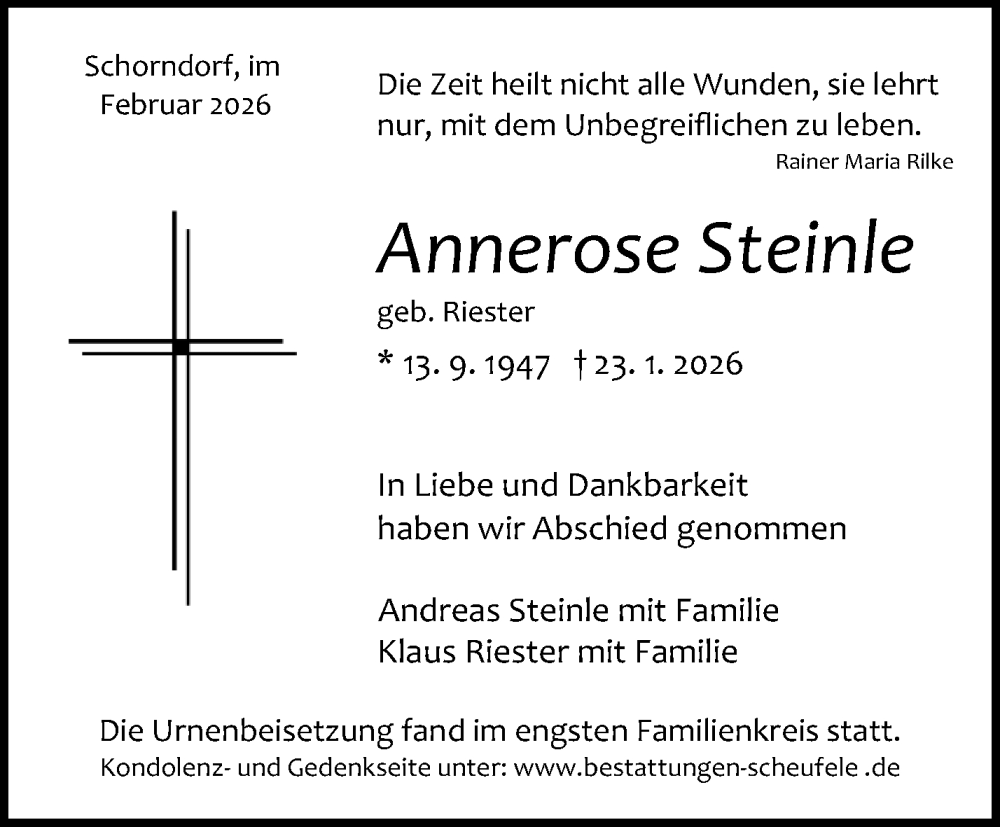  Traueranzeige für Annerose Steinle vom 28.02.2026 aus Waiblinger Kreiszeitung