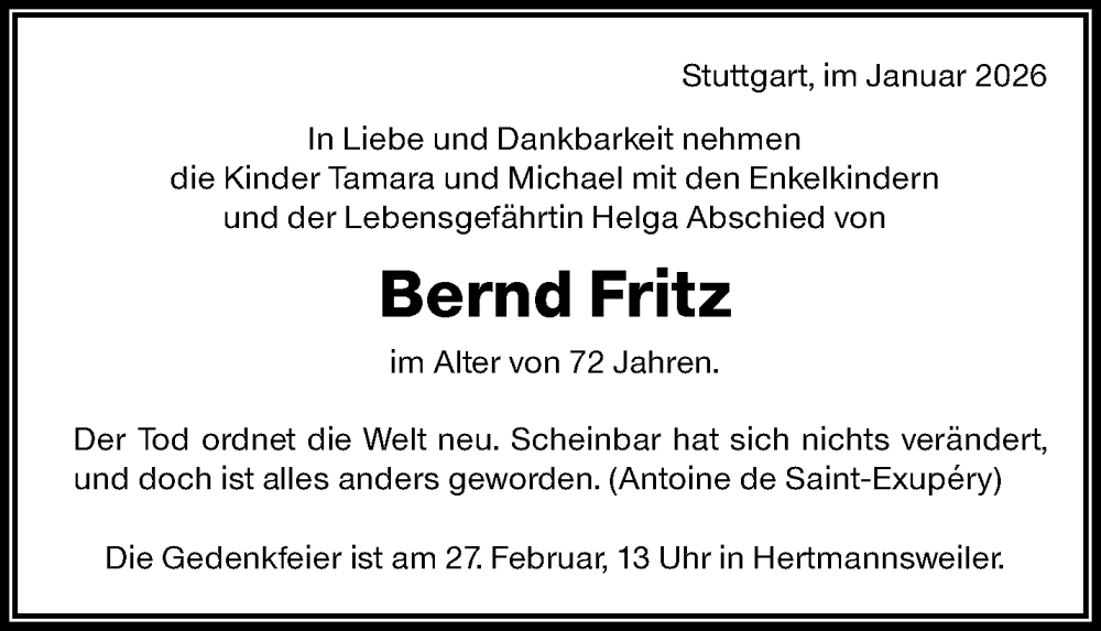  Traueranzeige für Bernd Fritz vom 18.02.2026 aus Waiblinger Kreiszeitung