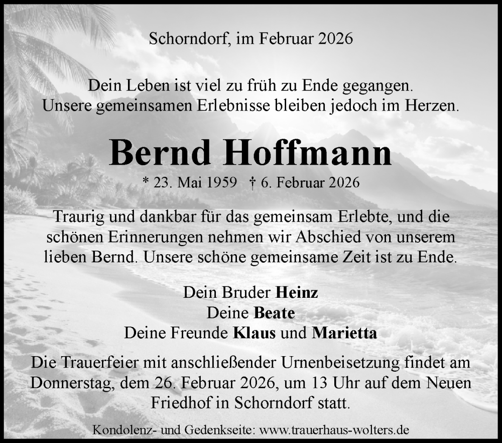  Traueranzeige für Bernd Hoffmann vom 21.02.2026 aus Waiblinger Kreiszeitung