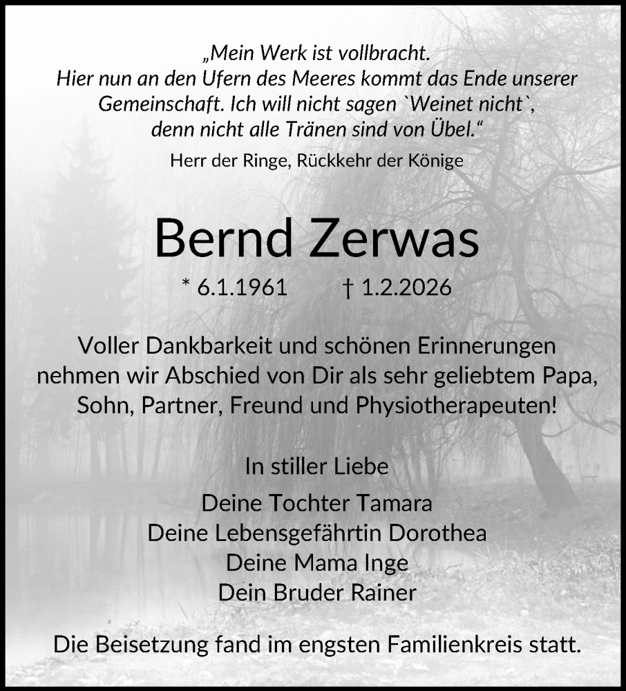  Traueranzeige für Bernd Zerwas vom 14.02.2026 aus Waiblinger Kreiszeitung