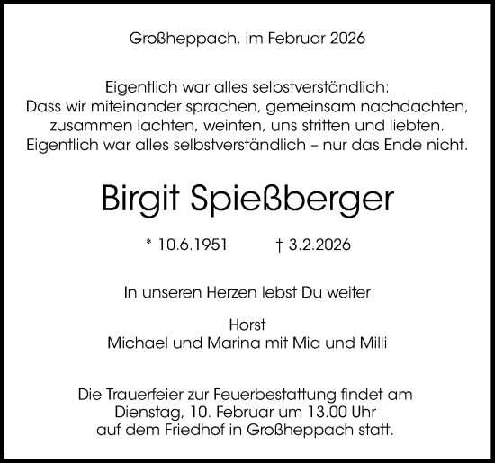 Traueranzeige von Birgit Spießberger von Waiblinger Kreiszeitung