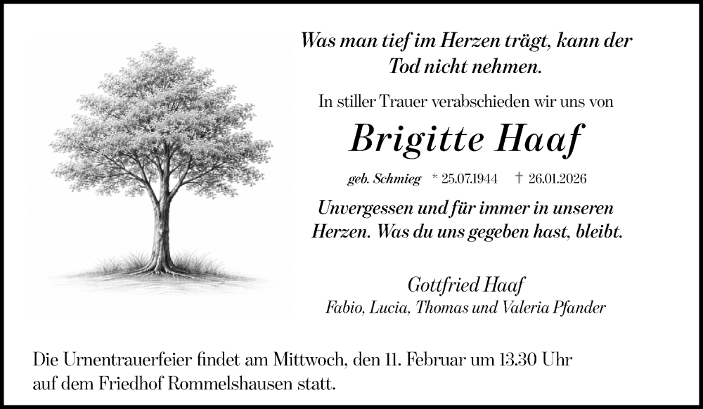  Traueranzeige für Brigitte Haaf vom 05.02.2026 aus Waiblinger Kreiszeitung