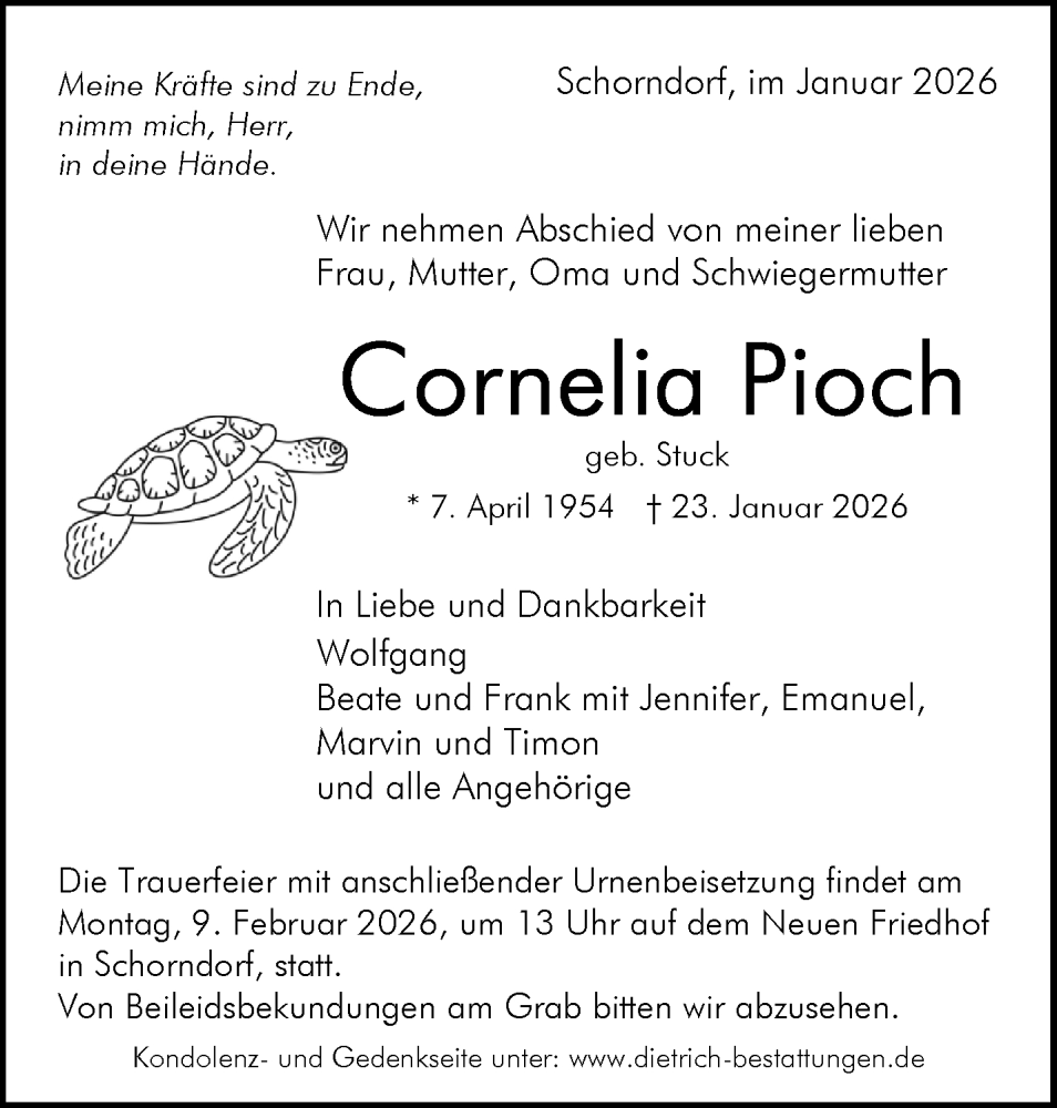  Traueranzeige für Cornelia Pioch vom 04.02.2026 aus Waiblinger Kreiszeitung