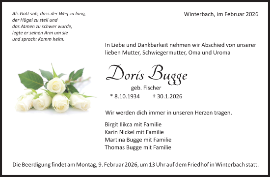 Traueranzeige von Doris Bugge von Waiblinger Kreiszeitung
