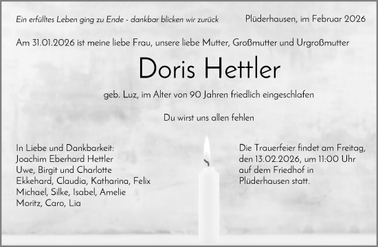 Traueranzeige von Doris Hettler von Waiblinger Kreiszeitung