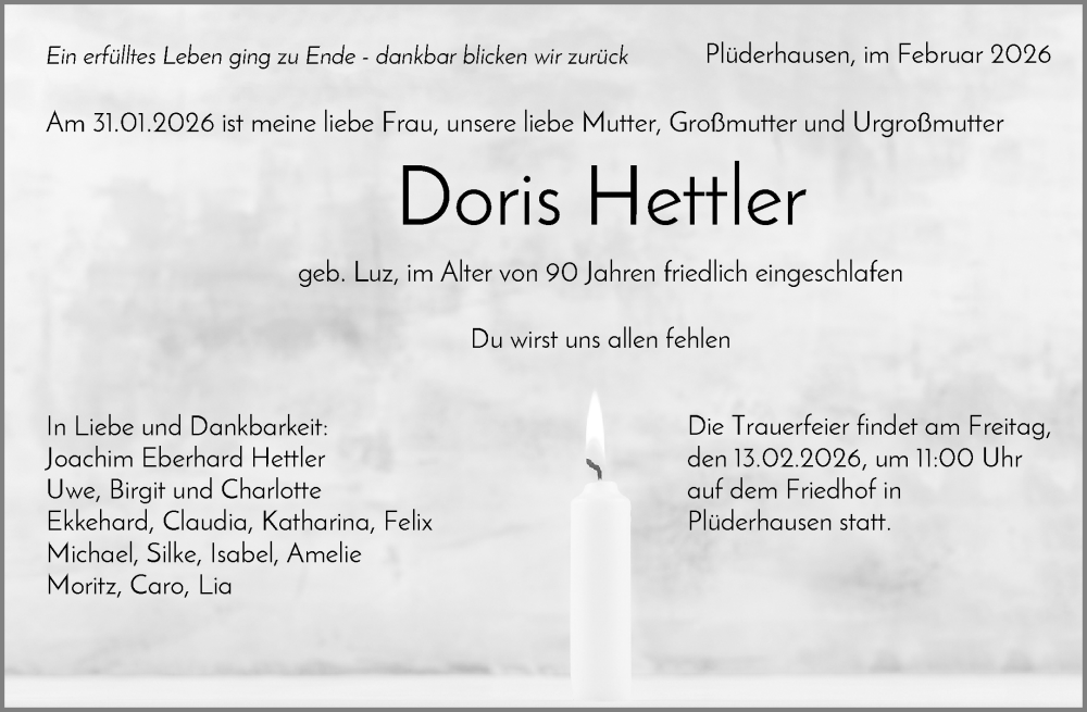  Traueranzeige für Doris Hettler vom 04.02.2026 aus Waiblinger Kreiszeitung
