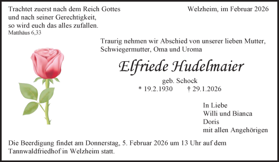 Traueranzeige von Elfriede Hudelmaier von Waiblinger Kreiszeitung