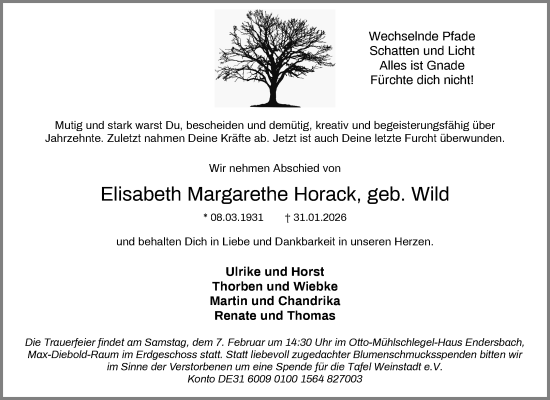 Traueranzeige von Elisabeth Margarethe Horack von Waiblinger Kreiszeitung