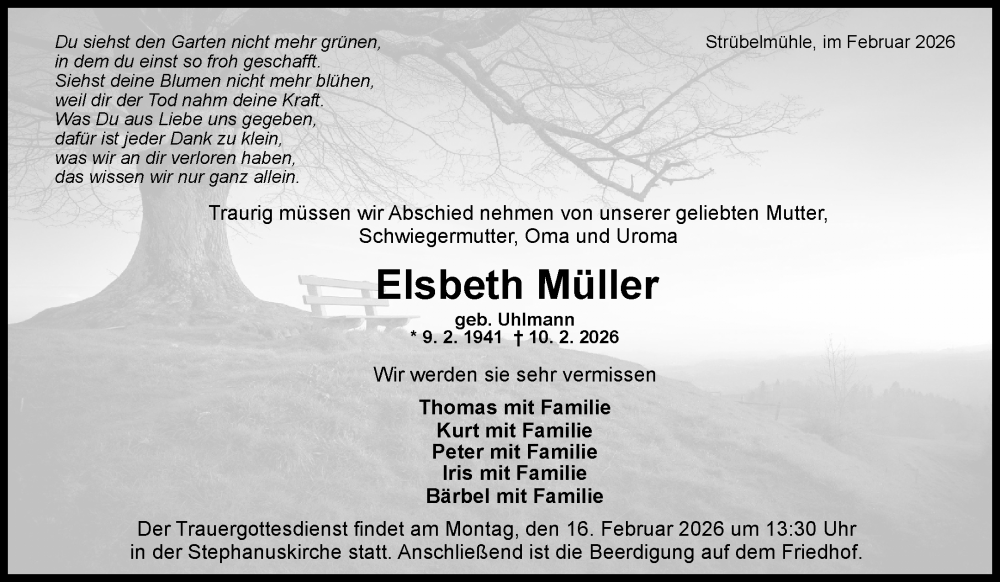  Traueranzeige für Elsbeth Müller vom 13.02.2026 aus Waiblinger Kreiszeitung