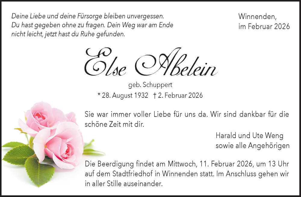  Traueranzeige für Else Abelein vom 05.02.2026 aus Waiblinger Kreiszeitung
