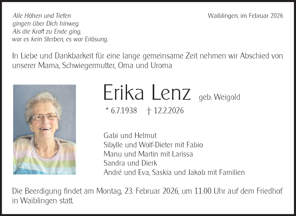  Traueranzeige für Erika Lenz vom 18.02.2026 aus Waiblinger Kreiszeitung