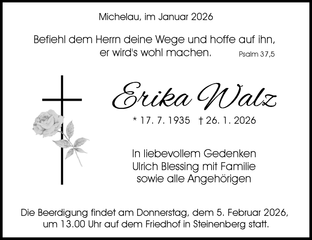  Traueranzeige für Erika Walz vom 03.02.2026 aus Waiblinger Kreiszeitung
