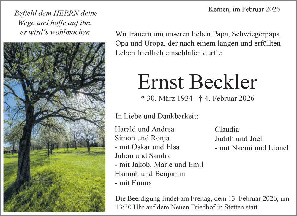  Traueranzeige für Ernst Beckler vom 11.02.2026 aus Waiblinger Kreiszeitung