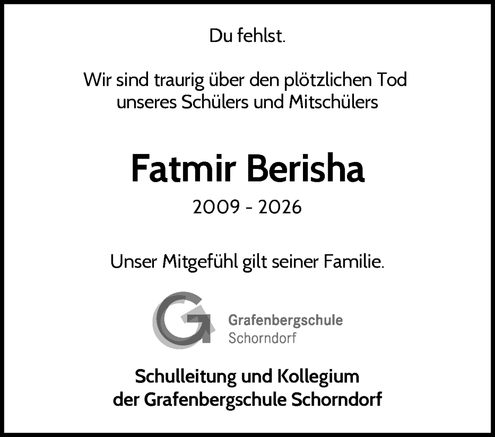  Traueranzeige für Fatmir Berisha vom 03.02.2026 aus Waiblinger Kreiszeitung