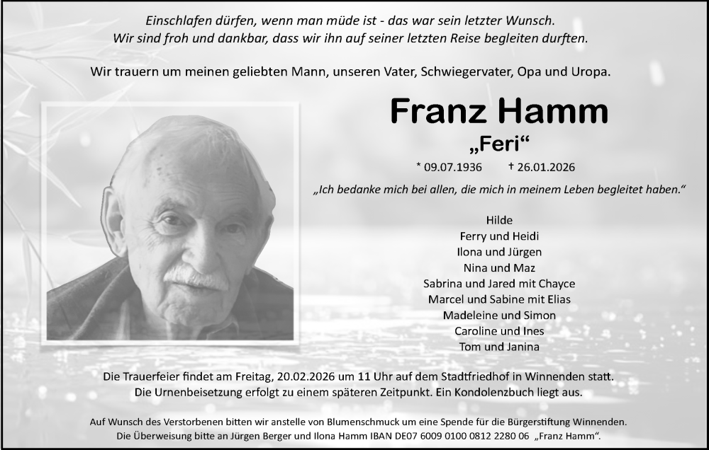  Traueranzeige für Franz Hamm vom 03.02.2026 aus Waiblinger Kreiszeitung