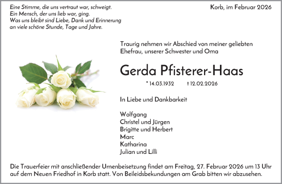 Traueranzeige von Gerda Pfisterer-Haas von Waiblinger Kreiszeitung
